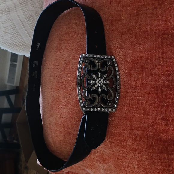 Bonded leather belt embellished buckle rhinestones rectangular brown silver M - Picture 2 of 8